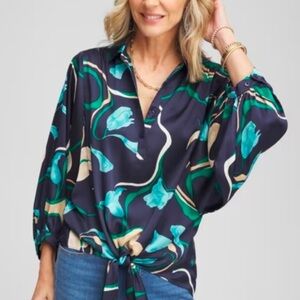 Chico's Size 1 Navy and Teal Floral Blouse
